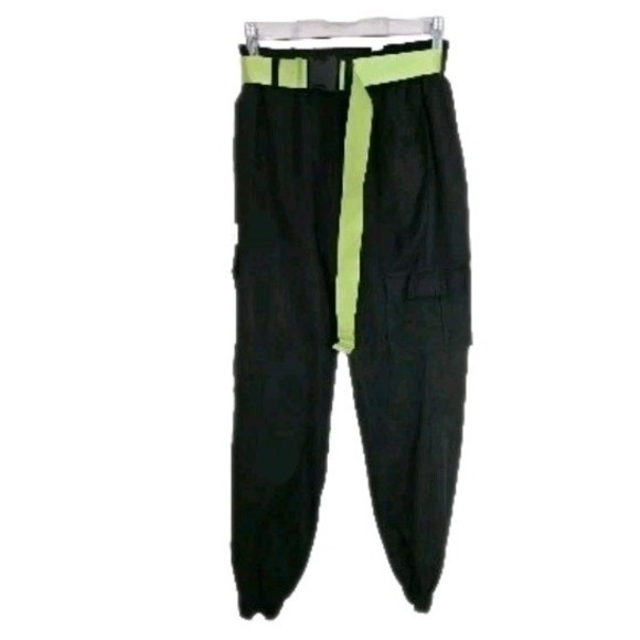 Hot Topic Women's Size XS Cargo Jogger Grunge Pants Black W/Neon Pocket & Belt - Picture 1 of 5